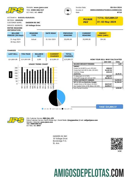 Para baixar modelo de conta de serviços públicos de eletricidade da Jamaica Public Service Company Limited (JPS) em formato Word e PDF